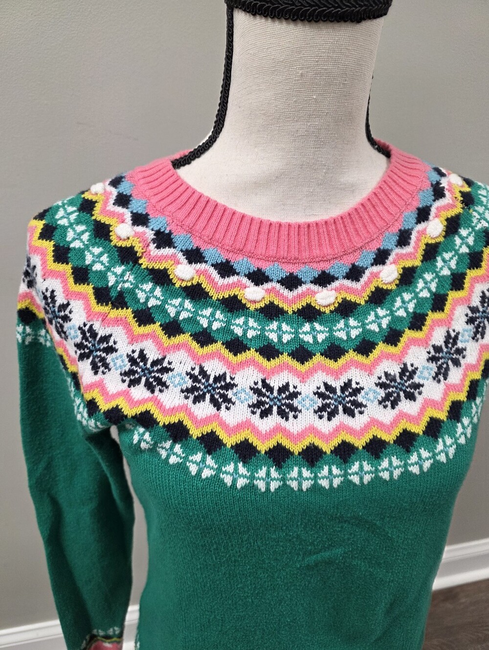 Talbots Green Fair Isle Crewneck Sweater with Pink Trim Size Small - Picture 3 of 7
